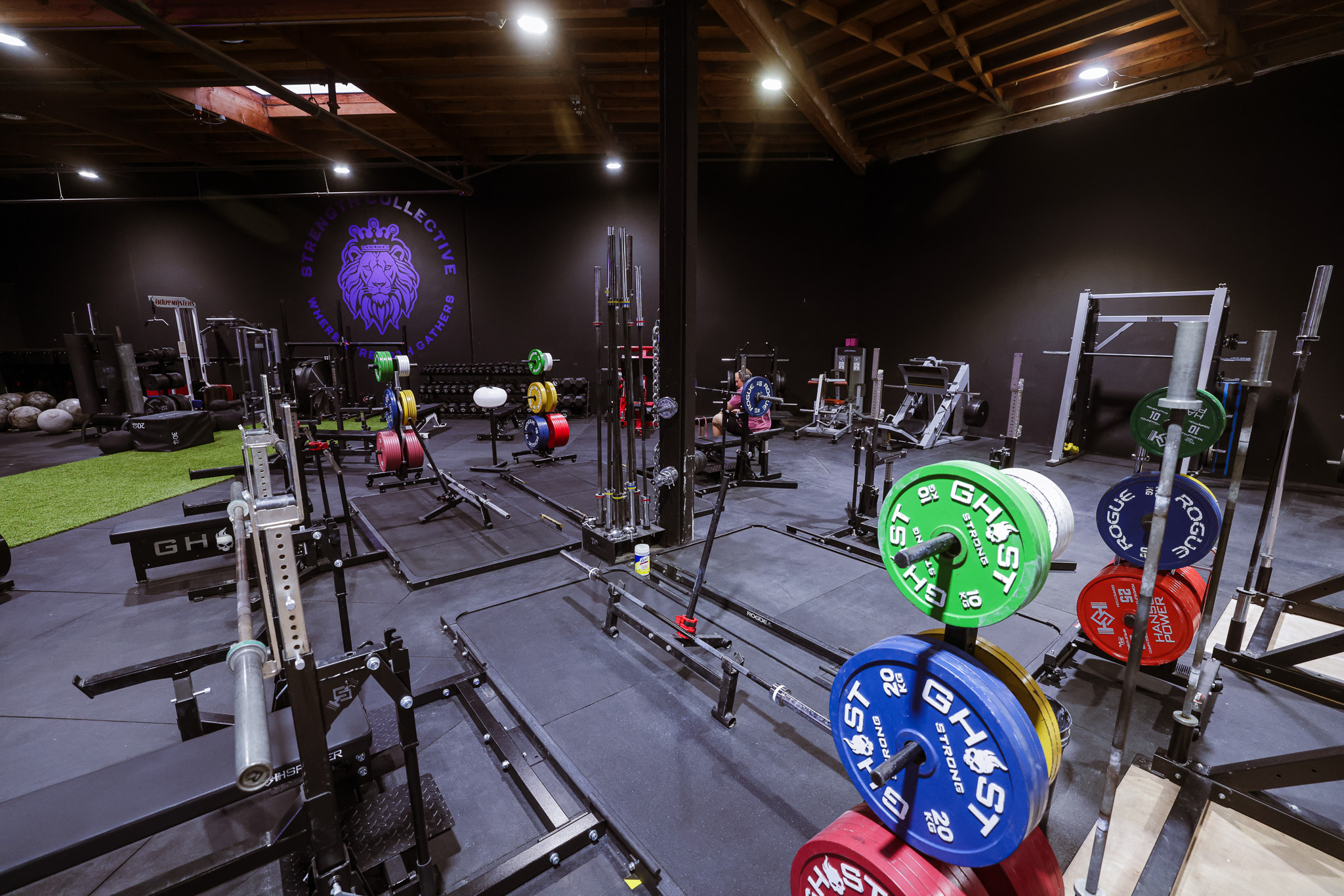 The full Strength Collective floor: racks, platforms, plate trees, and the purple lion mural